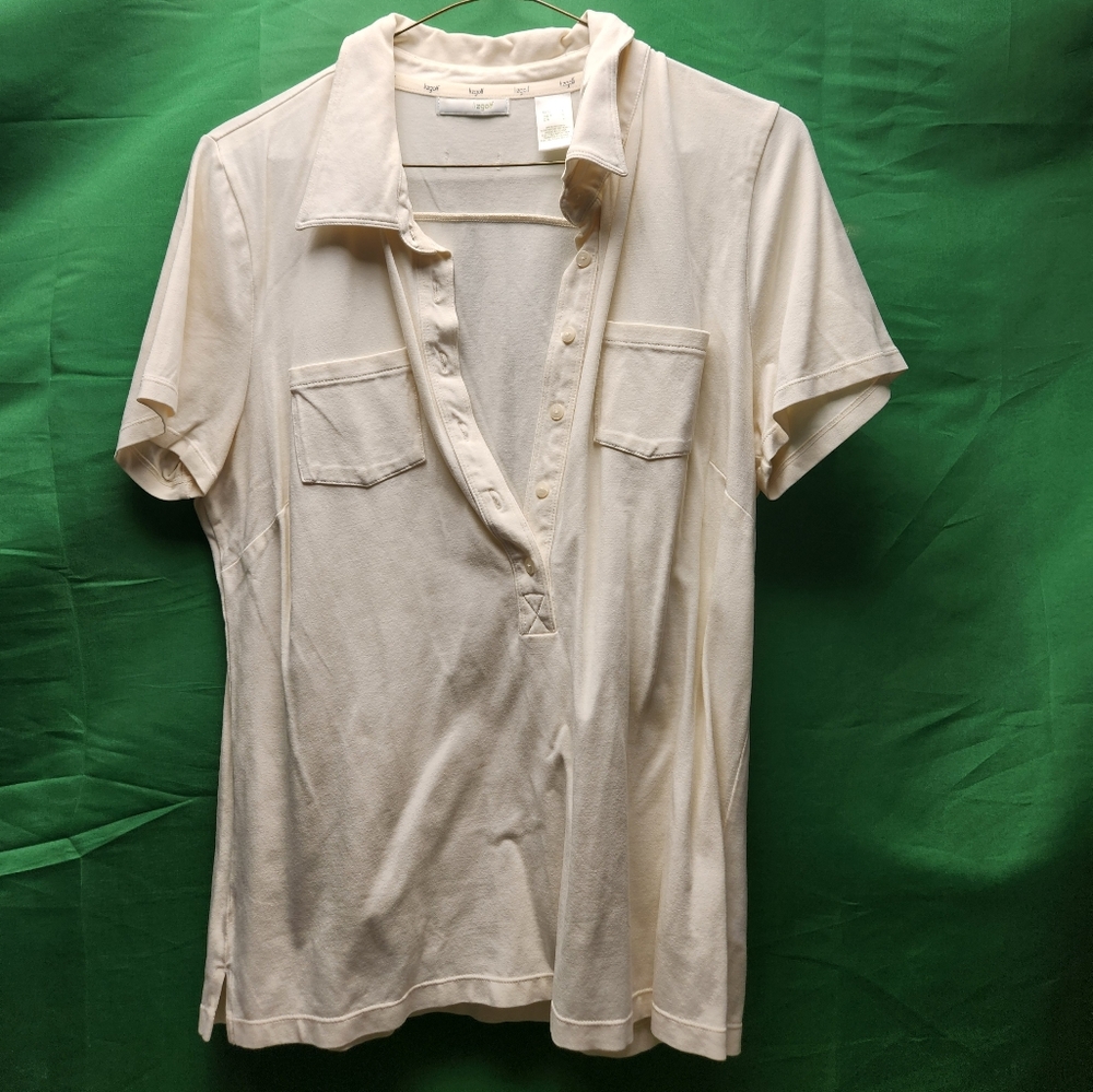 Liz tan golf shirt with breast pockets size large